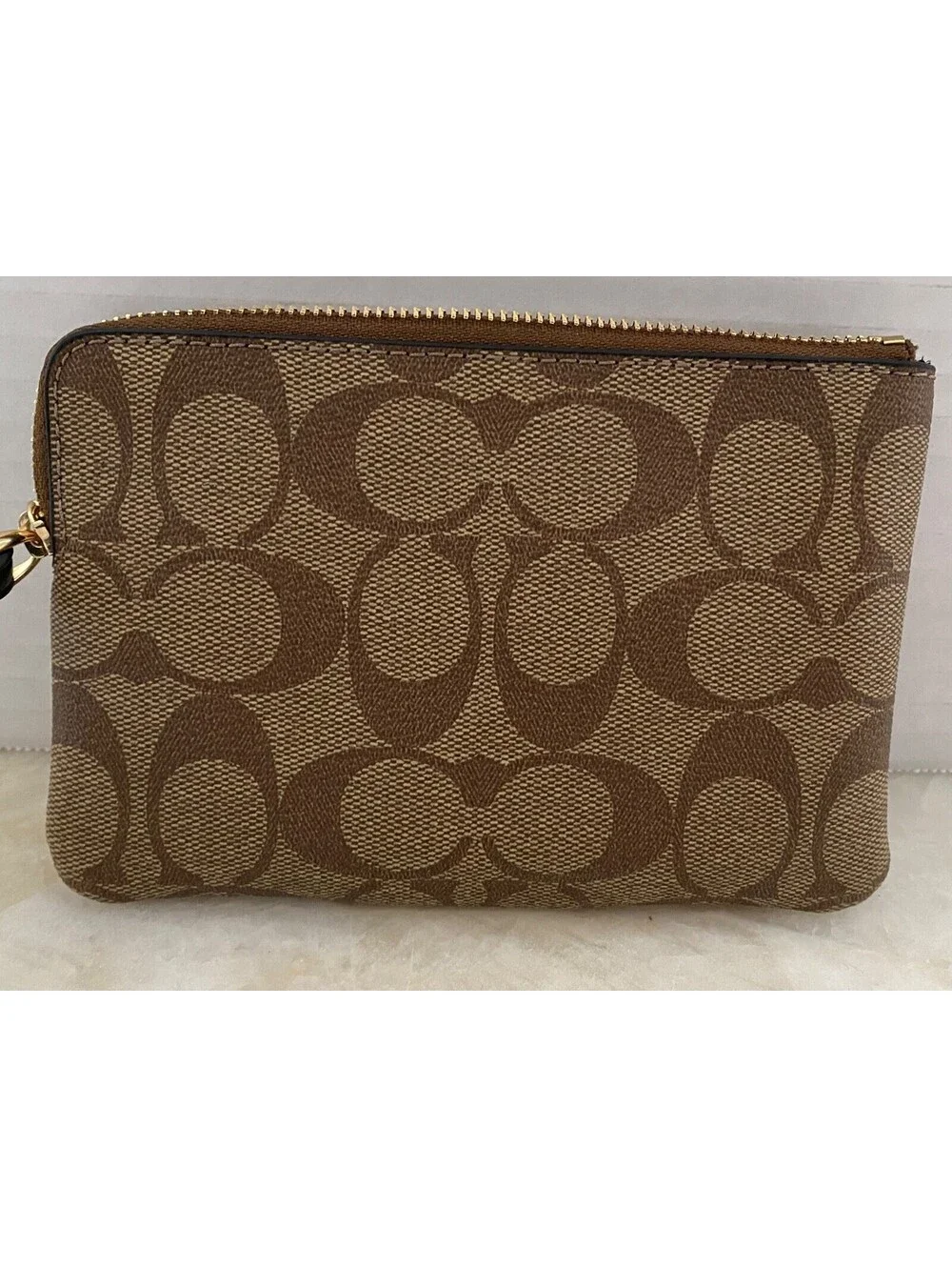 COACH WOMENS Signature PVC Leather Corner Zip Wristlet Khaki Black Leather Wrist